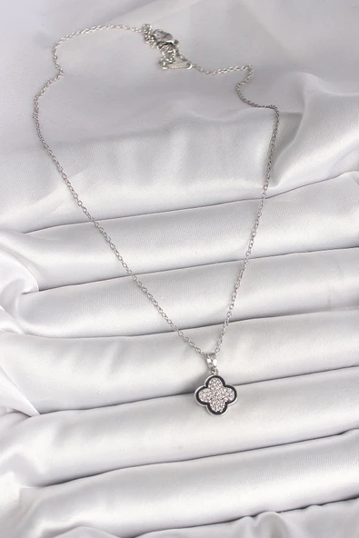 316L Çelik Gümüş Renk Zincir Zirkon Taşlı Yonca Model Kadın Kolye - TJ-BKO9975 - Resim 2