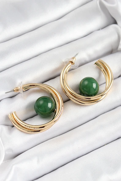 Pirinç Gold Renk Halka Model Yeşil Boncuk Detay Kadın Küpe - TJ-BKP10365 - Resim 2