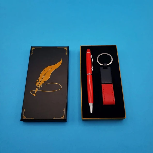 Kutulu Kırmızı Deri Anahtarlık ve Touchpen Tükenmez Kalem Hediye Seti ürün görseli