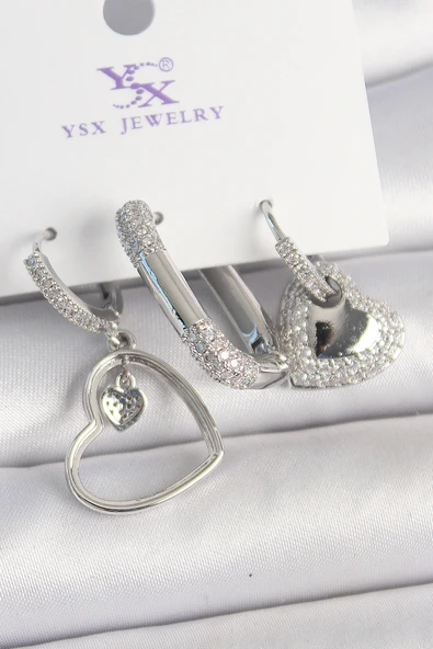Pirinç Gümüş Renk Sallantı Zirkon Taşlı Kalp Model 3'Lü Kadın Kombin Küpe - TJ-BKP10442 ürün görseli