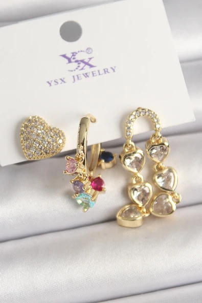 Pirinç Gold Renk Sallantı Zirkon Taşlı Kalp Model 3'Lü Kadın Kombin Küpe - TJ-BKP10469 ürün görseli