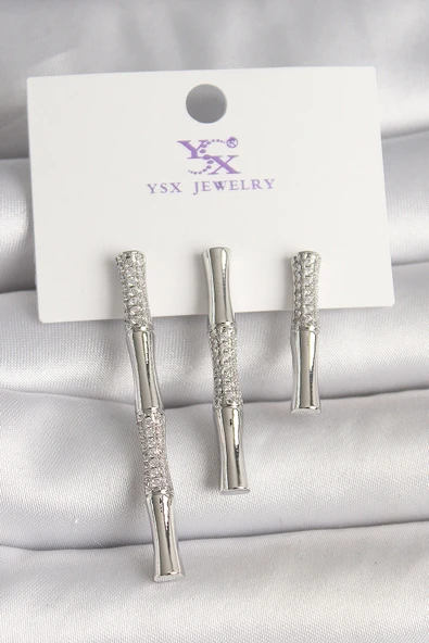 Pirinç Gümüş Renk Zirkon Taşlı Bambu Model 3'Lü Kadın Kombin Küpe - TJ-BKP10462 ürün görseli