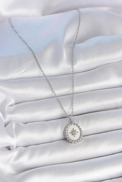 316L Çelik Gümüş Renk Zincir Beyaz Mineli Kutup Yıldız İşlemeli Madalyon Model Kadın Kolye - TJ-BKO10062 - Resim 2