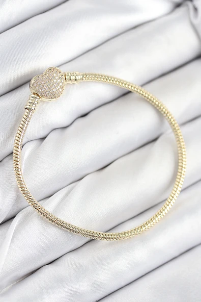 Tahtakale Toptancı Pirinç Charm Zirkon Taşlı Kalp Model Gold Renk Kadın Bileklik 7809 - 1
