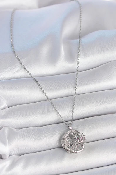 316L Çelik Gümüş Renk Zincir Ay Güneş Model Zirkon Taş Detay Kadın Kolye - TJ-BKO10056 - Resim 2