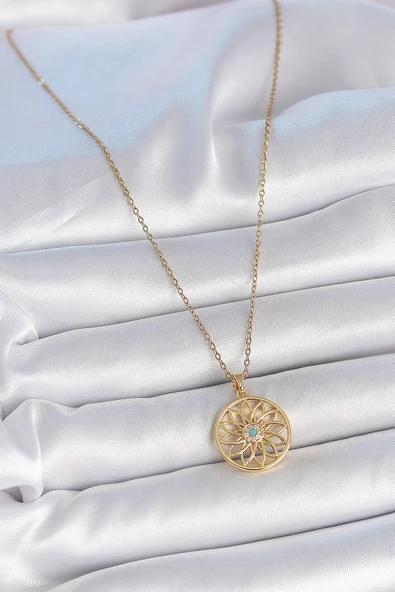 316L Çelik Gold Renk Zincr Mavi Taşlı Lotus Model Kadın Kolye - TJ-BKO10061 - Resim 2
