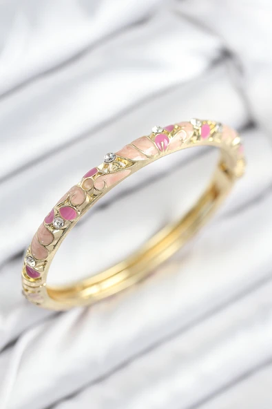 Tahtakale Toptancı Mineli Pirinç Zirkon Taşlı Pembe Çiçek Motifli Gold Kadın Kelepçe 7817 - 1