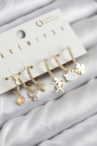 Tahtakale Toptancı Pirinç Zirkon Taşlı Hello Kity Ve Yonca Model Gold Renk 6 lı Küpe Set 11206 - 1