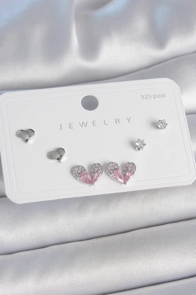 Pirinç Gümüş Renk Pembe Zirkon Taşlı Kalp Model 925 Ayar Gümüş Çivi Kadın Küpe Seti - TJ-BKP10493 ürün görseli