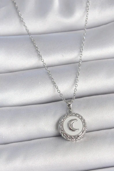 316L Çelik Gümüş Renk Zincir Beyaz Mineli Hilal İşlemeli Madalyon Model Kadın Kolye - TJ-BKO10034 ürün görseli