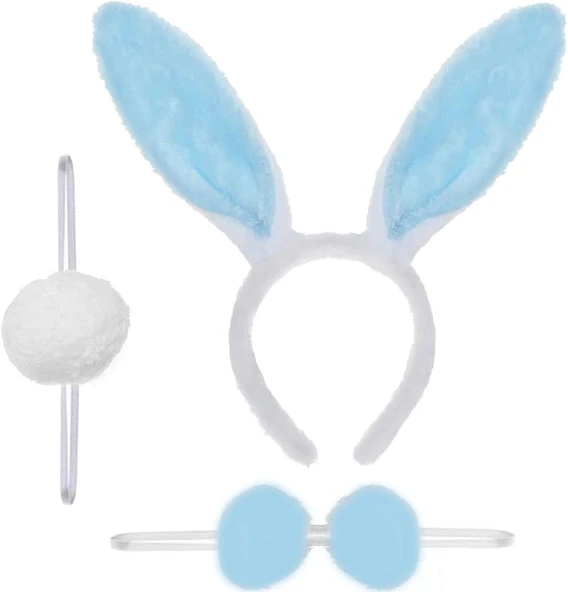 Tavşan Kostüm Seti Mavi Renk - Taç, Papyon, Ponpon, Kuyruk ürün görseli 1