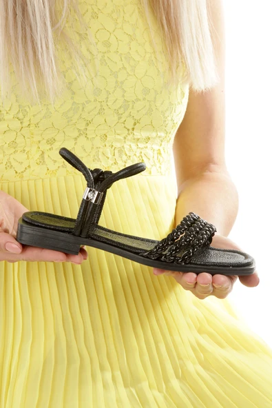 MİA026-1550 Kadın El Örgülü Abiye Günlük-Düğün-Eğlence-SİYAH KIRIŞIK RUGAN Tatil Terliği ürün görseli