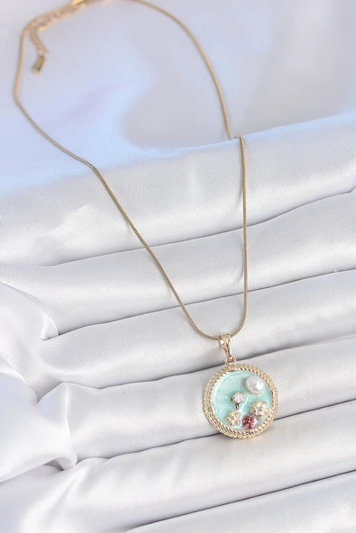 316L Çelik Gold Renk Zincir Mavi Mineli İnci Çiçek İşlemeli Zirkon Taş Detaylı Madalyon Model Kadın Kolye - TJ-BKO10174 - Resim 2