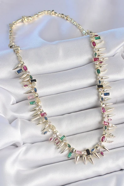 Pirinç Gold Renk Zirkon Taşlı Diken Model VIP Seri Kadın Kolye - TJ-BKO10203 - Resim 2