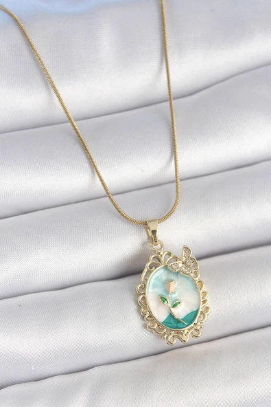 316L Çelik Gold Renk Zincir Mavi Mineli Çiçek İşlemeli Zirkon Taş Detaylı Portre Model Kadın Kolye - TJ-BKO10183 ürün görseli