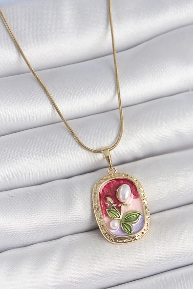 316L Çelik Gold Renk Zincir Mix Renk İncili Çiçek İşlemeli Portre Model Kadın Kolye - TJ-BKO10154 ürün görseli