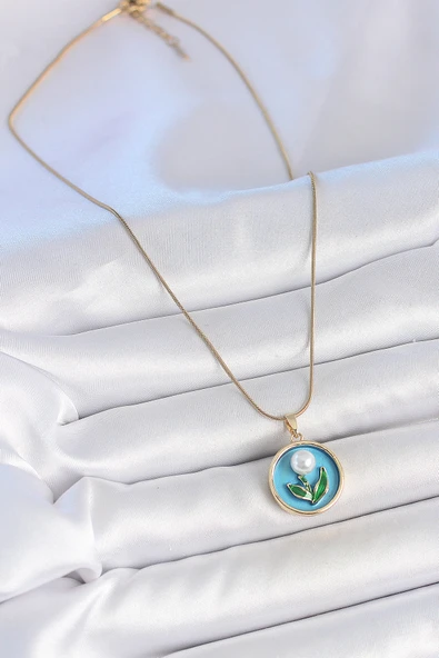 316L Çelik Gold Renk Zincir Mavi Mineli İncili Çiçek İşlemeli Portre Model Kadın Kolye - TJ-BKO10168 - Resim 2