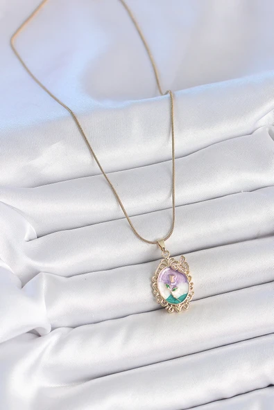 316L Çelik Gold Renk Zincir Mix Renk Mineli Çiçek İşlemeli Zirkon Taş Detaylı Portre Model Kadın Kolye - TJ-BKO10184 - Resim 2