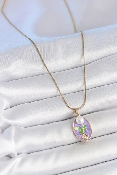 316L Çelik Gold Renk Zincir Mor Mineli Oval İncili Çiçek İşlemeli Portre Model Kadın Kolye - TJ-BKO10177 - Resim 2