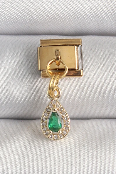 316L Çelik Gold Renk Sallantı Damla Yeşil Zirkon Taşlı Nomination Charm - TJ-BC1349 ürün görseli