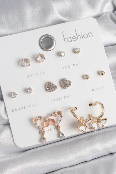 Pirinç Gold Renk Zirkon Taşlı Sallantılı Kalp Figür Kelebek Detay 7 Çift Kadın Küpe Seti - TJ-BKP10539 ürün görseli