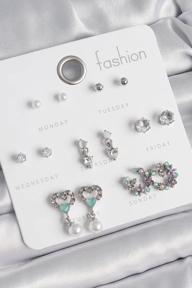 Pirinç Gümüş Renk Zirkon Taşlı Sallantılı Kalp Model Çiçek Detay 7 Çift Kadın Küpe Seti - TJ-BKP10546 ürün görseli