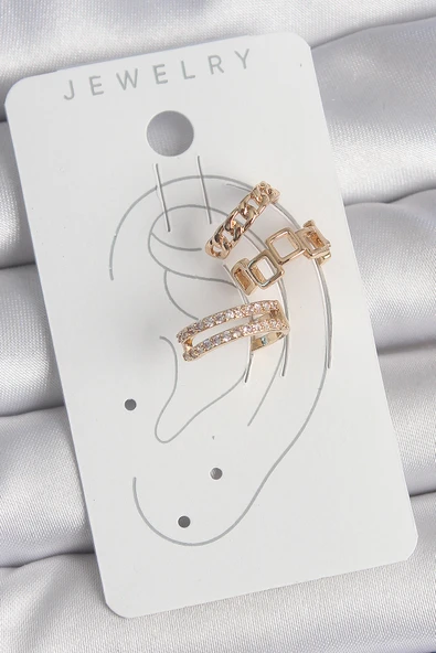 Pirinç Gold Renk Zirkon Taşlı Kare Zincir Model Kadın Kıkırdak Küpe - TJ-BKP10588 - Resim 2