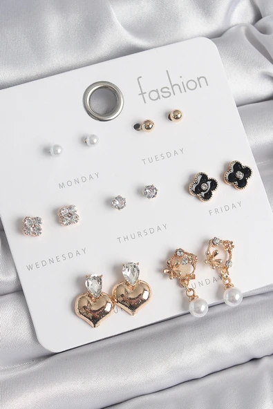 Pirinç Gold Renk Zirkon Taşlı Kalp Figür Siyah Yonca Detay 7 Çift Kadın Küpe Seti - TJ-BKP10541 ürün görseli