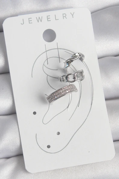 Pirinç Gümüş Renk Zirkon Taşlı 3'Lü Zincir Sarmal Model Kadın Kıkırdak Küpe - TJ-BKP10565 - Resim 2