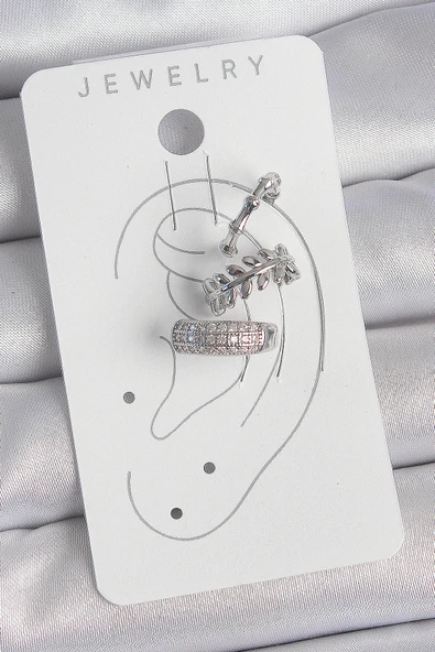 Pirinç Gümüş Renk Zirkon Taşlı 3'Lü Model Yaprak Figür Kadın Kıkırdak Küpe - TJ-BKP10564 - Resim 2