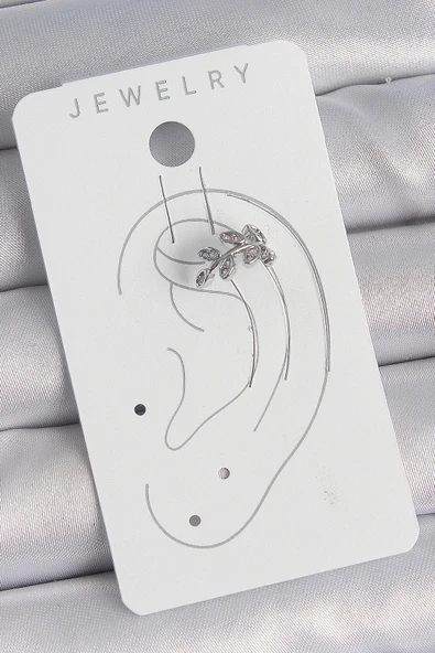 Pirinç Gümüş Renk Zirkon Taşlı Yaprak Model Kıkırdak Kadın Küpe - TJ-BKP10551 - Resim 2