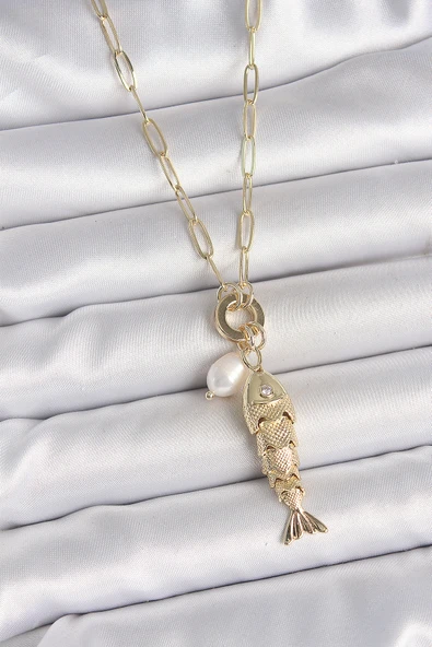 İnci Detaylı Zirkon Taşlı Balık Figürlü Gold Renk Pirinç Kolye - TJ-BKO10214 ürün görseli