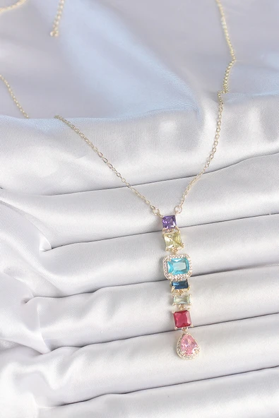 Gold Karışık Renk Zirkon Taşlı Y Pirinç Kolye - TJ-BKO10225 - Resim 2