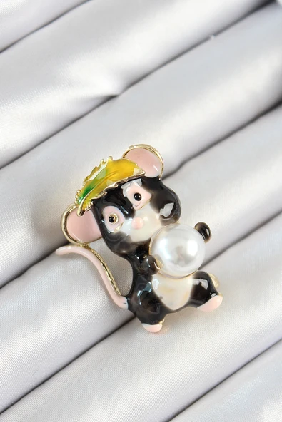 İnci Detaylı Siyah Ve Pembe 3D Sevimli Fare Figürlü Gold Renk Kadın Broş - TJ-BR437 ürün görseli