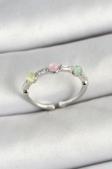 Pirinç Sıralı Boncuk Figürlü Zirkon Taşlı Gümüş Renk Ayarlanabilir Kadın Yüzük - TJ-BYK3759 ürün görseli