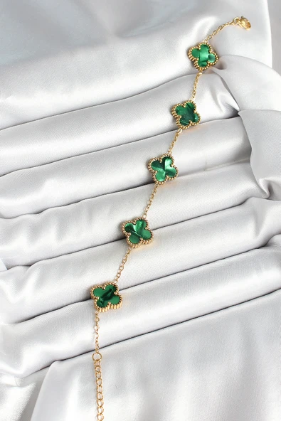 316L Çelik Sedefli Zümrüt Yeşil Gold Renk Yonca Kadın Bileklik - TJ-BB6968 - Resim 2