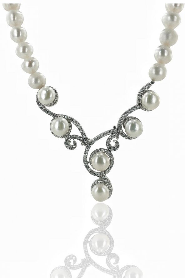 Gösterişli Üst Kalite İnci Gerdanlık 925 Gümüş Kolye - 2