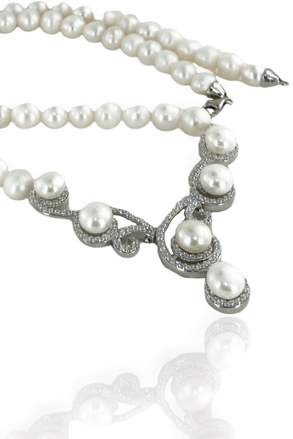 Gösterişli Üst Kalite İnci Gerdanlık 925 Gümüş Kolye - 3