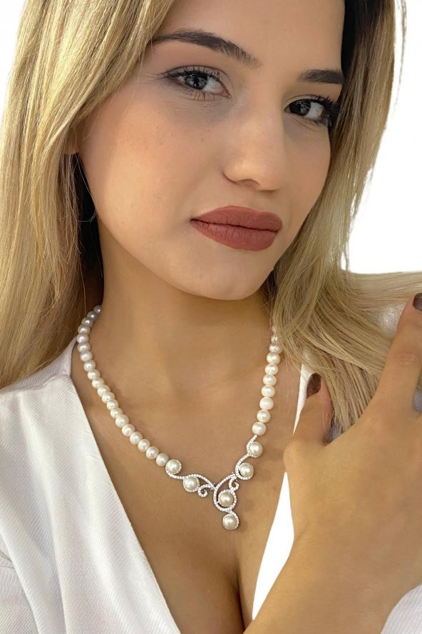 Gösterişli Üst Kalite İnci Gerdanlık 925 Gümüş Kolye - 4