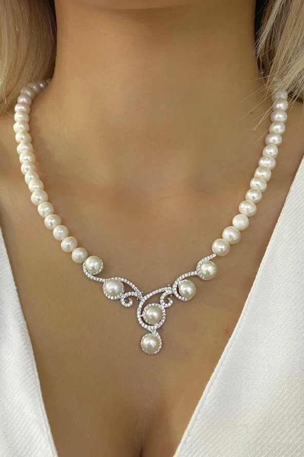 Gösterişli Üst Kalite İnci Gerdanlık 925 Gümüş Kolye - 6