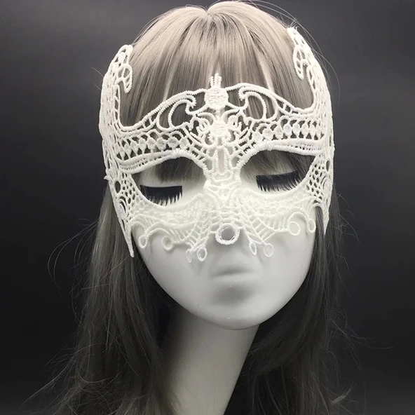Beyaz Renk Dantel Kesim Balo Maskesi - Resim 4