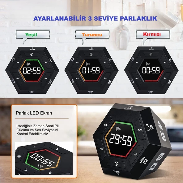 HyMark Altıgen Dijital Geri Sayım Zamanlayıcı LED Ekranlı Görsel Zaman Kontrol Mutfak Ders Mıknatıslı - 5