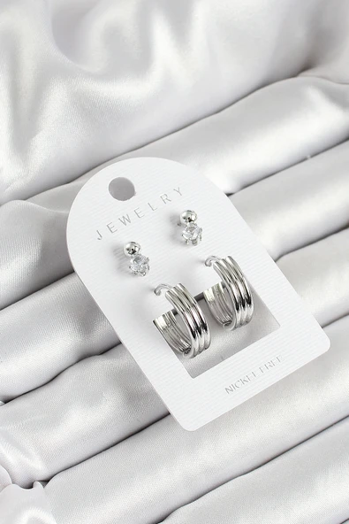 Pirinç Zirkon Taş Ve Halka Figürlü Gümüş Renk 3'lü Çift Kadın Küpe Set - TJ-BKP10649 ürün görseli