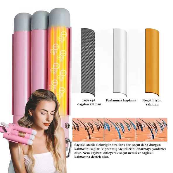 Triple Su Dalgası, Profesyonel Saç Şekillendirici Maşası, 30 sn ısınma, 160°C - 200°C Isınma, 360° Dönen Kablolu, 24 Saate Kadar Etkili Saçlar, Premio T-0042, - Resim 2