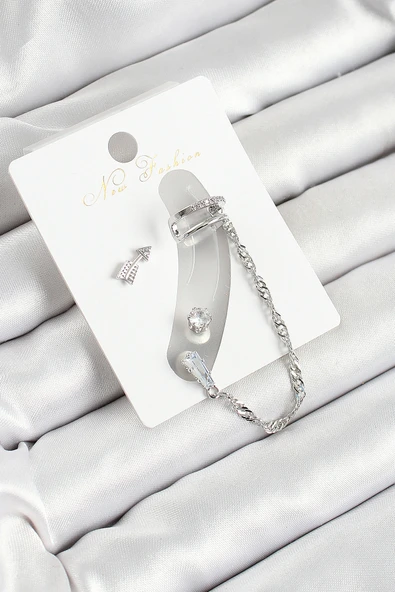 Pirinç Ok Figürlü Zirkon Taşlı Gümüş Renk 3'lü Kıkırdak Kadın Küpe Set - TJ-BKP10663 ürün görseli