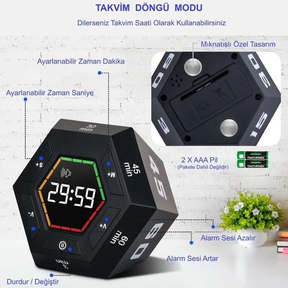 HyMark Altıgen Dijital Geri Sayım Zamanlayıcı LED Ekranlı Görsel Zaman Kontrol Mutfak Ders Mıknatıslı - 4