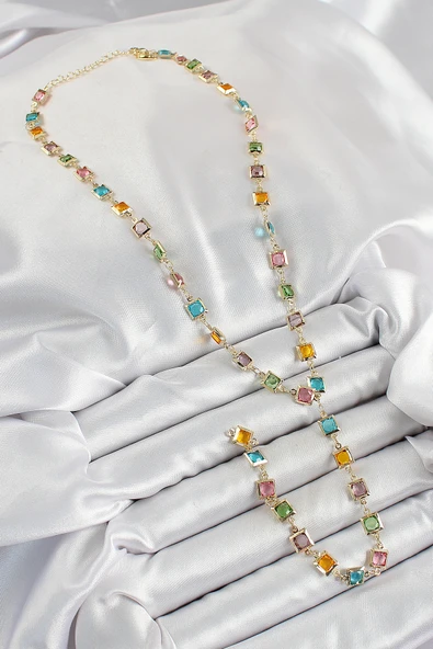 Pirinç Asorti Kare Model Gold Renk Zirkon Taşlı Y Kolye - TJ-BKO10253 - Resim 2