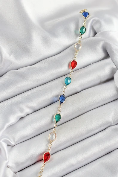 Pirinç Gold Renk Karışık Renk Damla Zirkon Taşlı Kadın Bileklik - TJ-BB7048 - Resim 2