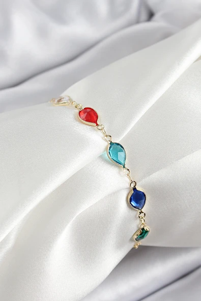 Pirinç Gold Renk Karışık Renk Damla Zirkon Taşlı Kadın Bileklik - TJ-BB7048 ürün görseli