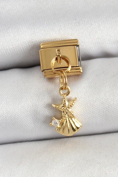 316L Çelik Sallantılı Zirkon Taşlı Deniz Yıldızı Ve İstiridye Model Gold Renk Nomination Charm - TJ-BC1438 ürün görseli